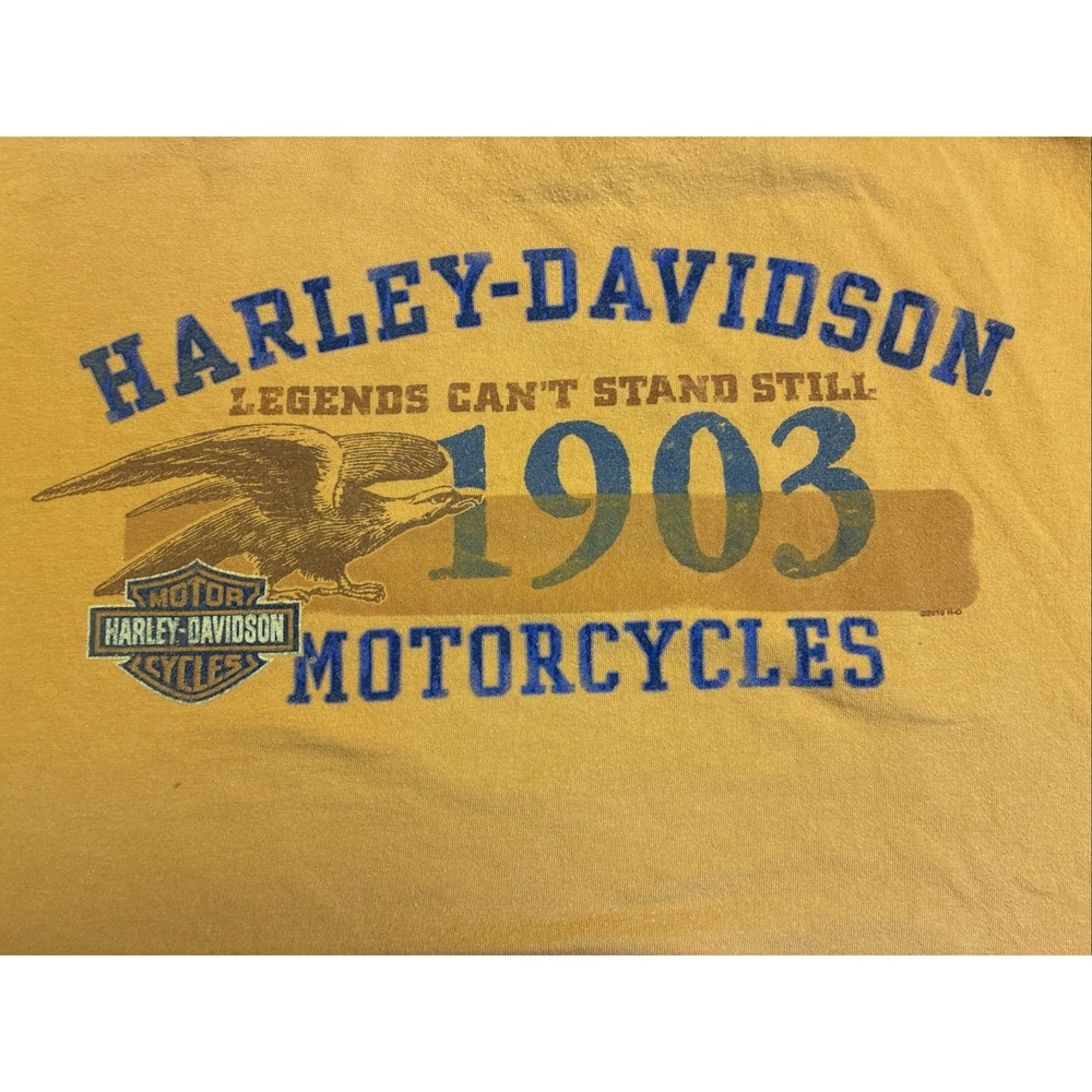 Vintage 2010 Harley Davidson Signature Petersburg Ohio Mustard T-Shirt 2XL Y2K